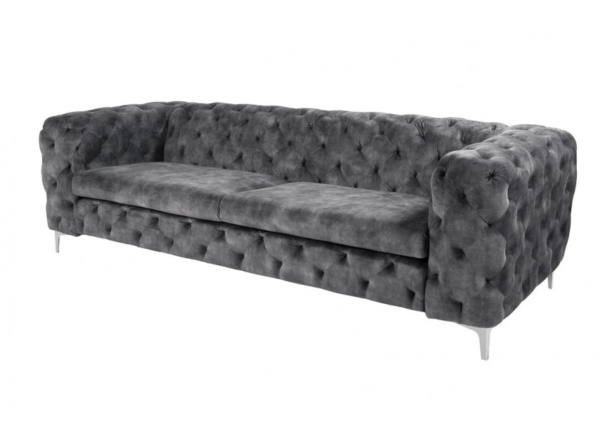Luxusn&iacute; chesterfield tř&iacute;m&iacute;stn&aacute; sedačka Modern Barock v tmavě &scaron;ed&eacute; barvě se sametov&yacute;m potahem 240cm