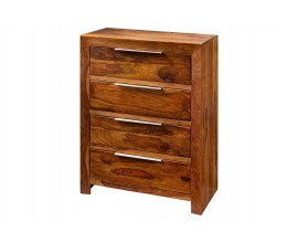 Moderná masívna komoda Makassar v hnedej farbe so štyrmi zásuvkami so striebornými úchytkami 100 cm