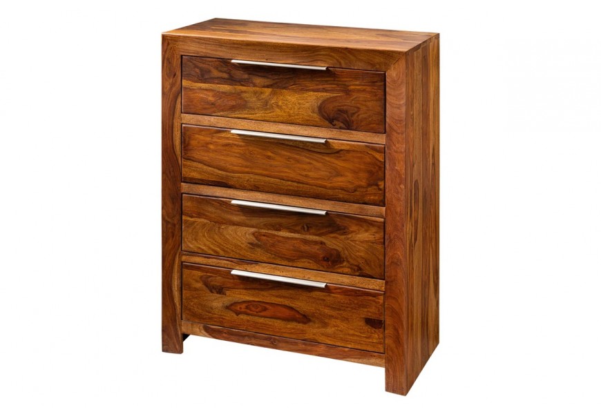 Dizajnová obdĺžniková masívna komoda Makassar zo sheeshamového dreva so štyrmi zásuvkami a striebornými kovovými úchytkami s výraznou drevenou štruktúrou letokruhov