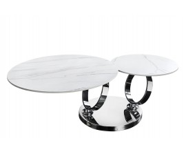 Glamour mramorov&yacute; b&iacute;l&yacute; konferenčn&iacute; stolek Delin se dvěma otočn&yacute;mi kulat&yacute;mi prkny a chromovanou podstavou 80-133 cm
