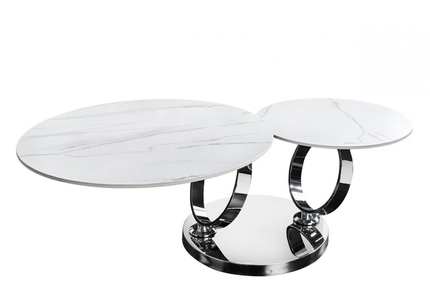 Glamour mramorov&yacute; b&iacute;l&yacute; konferenčn&iacute; stolek Delin se dvěma otočn&yacute;mi kulat&yacute;mi prkny a chromovanou podstavou 80-133 cm