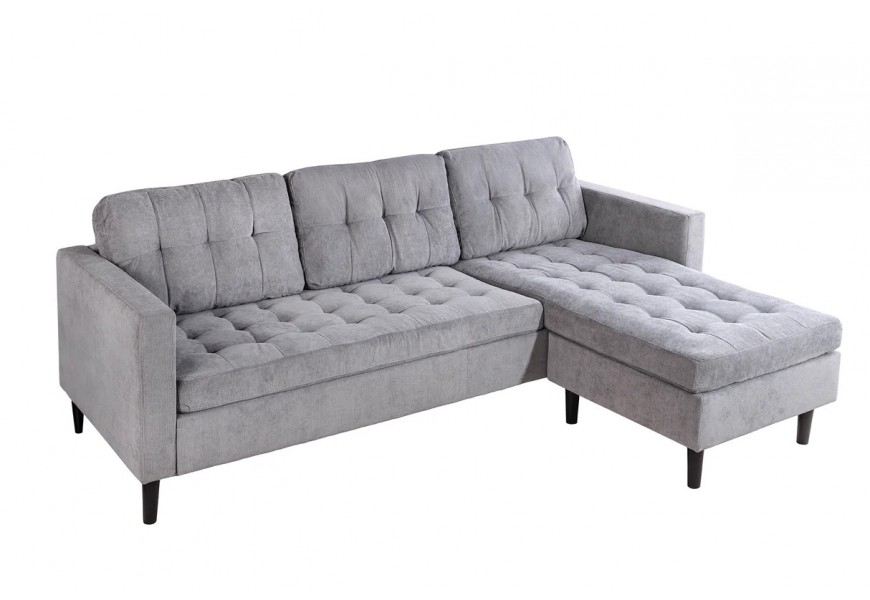 Moderní třímístná univerzální rohová sedačka Sallen v šedé barvě s manšestrovým mikrovláknovým potahem a čtvercovým prošíváním s vysokými černými nožičkami