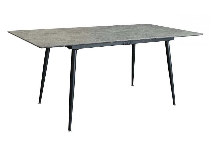 Industriální obdélníkový jídelní stůl Maison s rozkládací funkcí s oblými rohy a vrchní deskou s designem mramoru v šedé barvě s černými nožičkami z kovu