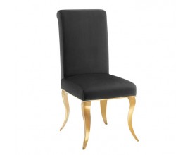 Designov&aacute; modern&iacute; j&iacute;deln&iacute; židle Gold Barock se zlat&yacute;ma ocelov&yacute;ma nohama a čern&yacute;m sametov&yacute;m potahem bez bočn&iacute;ch opěrek na ruce