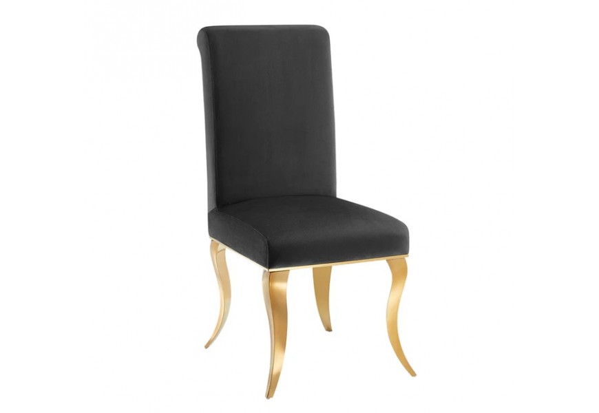Designová moderní jídelní židle Gold Barock se zlatýma ocelovýma nohama a černým sametovým potahem bez bočních opěrek na ruce