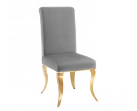 Designov&aacute; glamour j&iacute;deln&iacute; židle Gold Barock se zlat&yacute;m kovov&yacute;m nohama z nerezavěj&iacute;c&iacute; oceli a &scaron;ed&yacute;m sametov&yacute;m čalouněn&iacute;m a bez opěrek na ruce