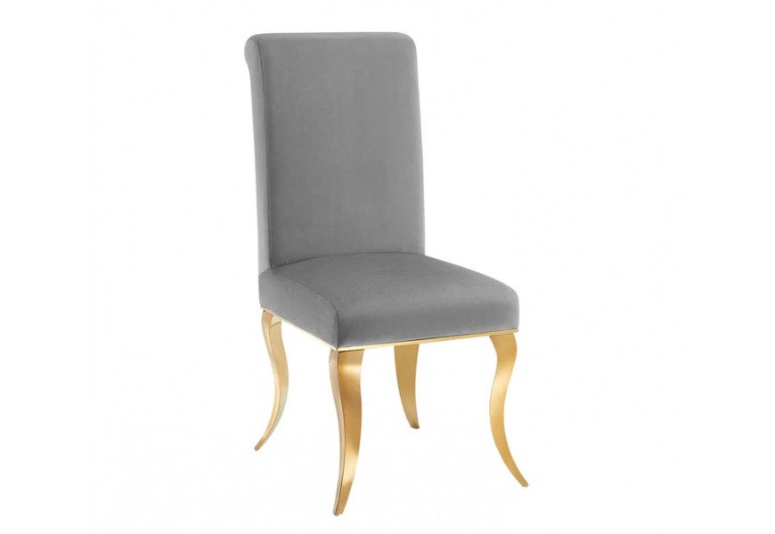 Designová glamour jídelní židle Gold Barock se zlatým kovovým nohama z nerezavějící oceli a šedým sametovým čalouněním a bez opěrek na ruce