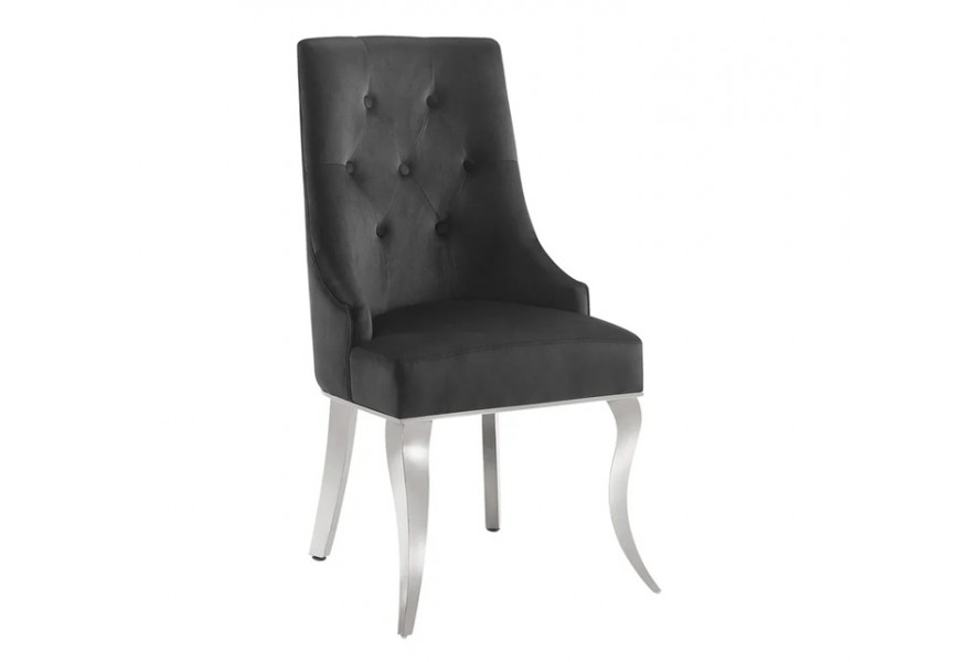 Moderní glamour jídelní židle Modern Barock s kabriolovýma nohama ve stříbrné barvě z ušlechtilé oceli s černým potahem ze sametu a úchytkou na zadní části ve tvaru lvové hlavy