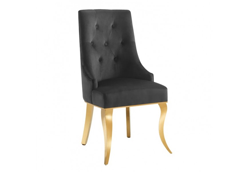 Designová barokní glamour jídelní židle Gold Barock se zlatým kabriolovým nohama z nerezavějící oceli a dekorativním klepadlem ve tvaru lví hlavy s černým sametovým potahem