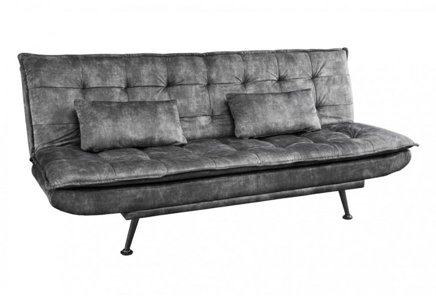 Moderní rozkládací sametová obdélníková pohovka v šedé barvě s lemováním se dvěma obdélníkovými polštáři s kovovými nožičkami v černé barvě