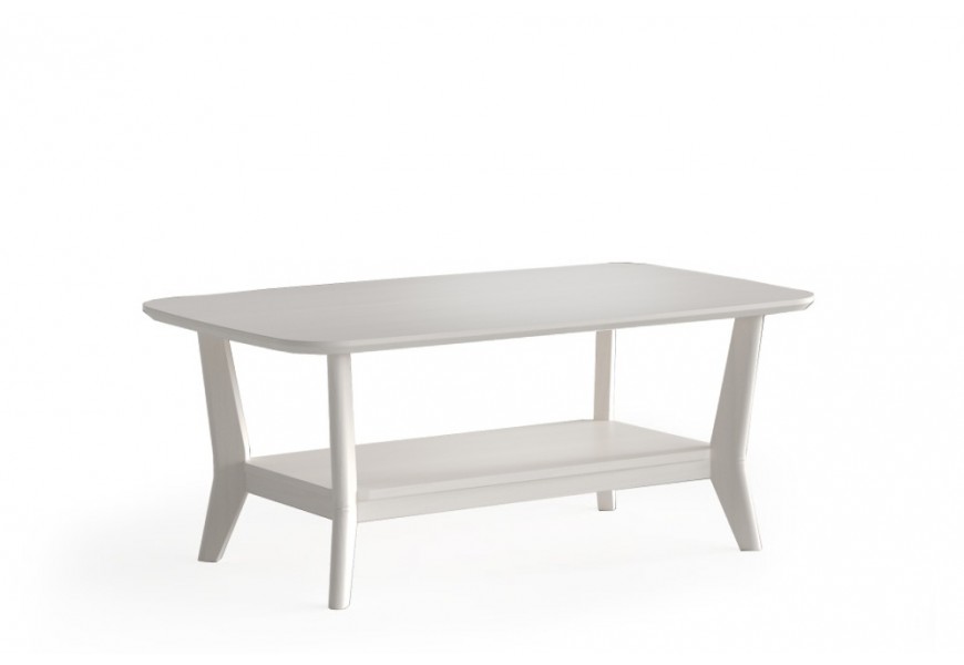 Luxusní designový masivní konferenční stolek Tallin s obdélníkovou vrchní deskou se zaoblenými rohy s prohnutýma nohama a policí v bílé barvě