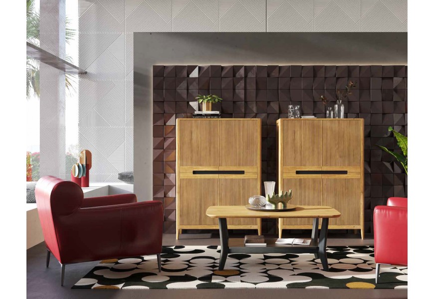 Luxusní moderní masivní sestava nábytku do obývacího pokoje Tallin s obdélníkovým konferenčním stolkem s policí a barovými skříňkami a televizním stolkem s drážkovaným reliéfem v hnědém provedení