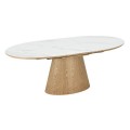 Designový oválný rozkládací jídelní stůl Marmol Ligna s bílou keramickou vrchní deskou s mramorovým designem a dýhovaným dřevem s dubovým vzhledem s kuželovou hladkou nohou v hnědé barvě