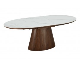 Art deco ov&aacute;ln&yacute; rozkl&aacute;dac&iacute; j&iacute;deln&iacute; stůl Marmol Lignia s mramorov&yacute;m vzhledem a kuželovou tmavě hnědou nohou 160-200 cm
