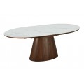 Art deco ov&aacute;ln&yacute; rozkl&aacute;dac&iacute; j&iacute;deln&iacute; stůl Marmol Lignia s mramorov&yacute;m vzhledem a kuželovou tmavě hnědou nohou 160-200 cm