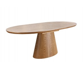 Moderní oválný keramický rozkládací jídelní stůl Marmol Lignia s travertinovým designem a dubovou hnědou nohou 160-200 cm