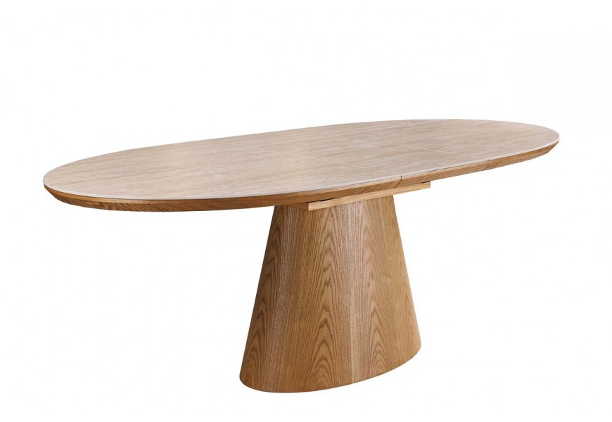 Modern&iacute; ov&aacute;ln&yacute; keramick&yacute; rozkl&aacute;dac&iacute; j&iacute;deln&iacute; stůl Marmol Lignia s travertinov&yacute;m designem a dubovou hnědou nohou 160-200 cm