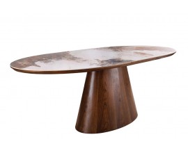 Art deco oválný bílý hnědý rozkládací jídelní stůl Marmol Lignia keramickou deskou a kuželovou dřevěnou nohou 160-200 cm