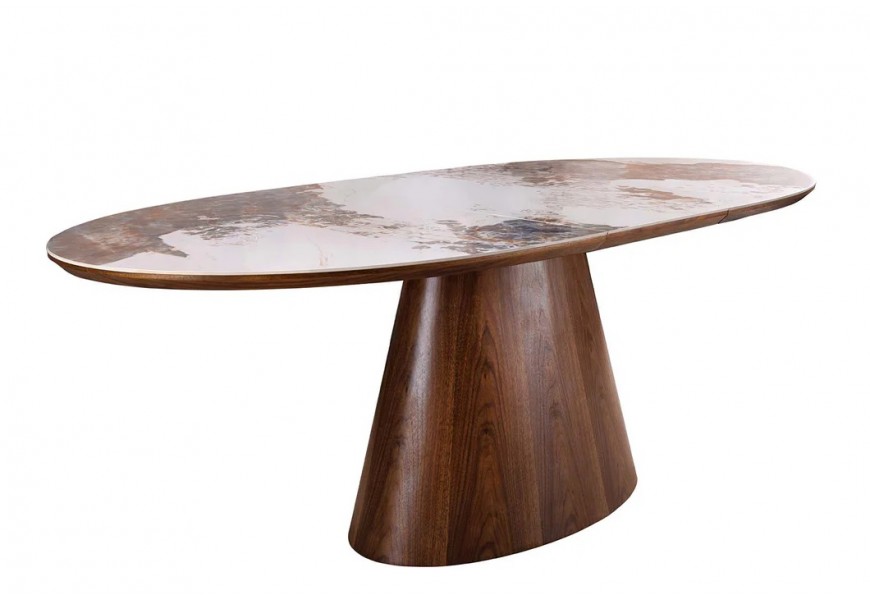 Designový rozkládací jídelní stůl Marmol Lignia v oválném tvaru s keramickou deskou se vzhledem přírodního kamene a kuželovou nohou s ořechovým tmavě hnědým designem