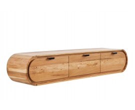 Retro masivn&iacute; n&aacute;stěnn&yacute; obd&eacute;ln&iacute;kov&yacute; hněd&yacute; televizn&iacute; stolek Spin se třemi z&aacute;suvkami s v&yacute;raznou dřevěnou strukturou letokruhů a zaoblen&yacute;mi bočn&iacute;mi stěnami