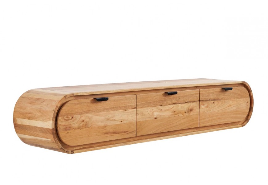 Retro masivní nástěnný obdélníkový hnědý televizní stolek Spin se třemi zásuvkami s výraznou dřevěnou strukturou letokruhů a zaoblenými bočními stěnami