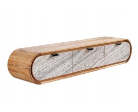 Modern&iacute; n&aacute;stěnn&yacute; art deco designov&yacute; obd&eacute;ln&iacute;kov&yacute; televizn&iacute; stolek Spin z masivn&iacute;ho ak&aacute;ciov&eacute;ho dřeva v hněd&eacute; barvě se třemi z&aacute;suvkami s mramorov&yacute;m designem v &scaron;ed&eacute; a b&iacute;l&eacute; barvě