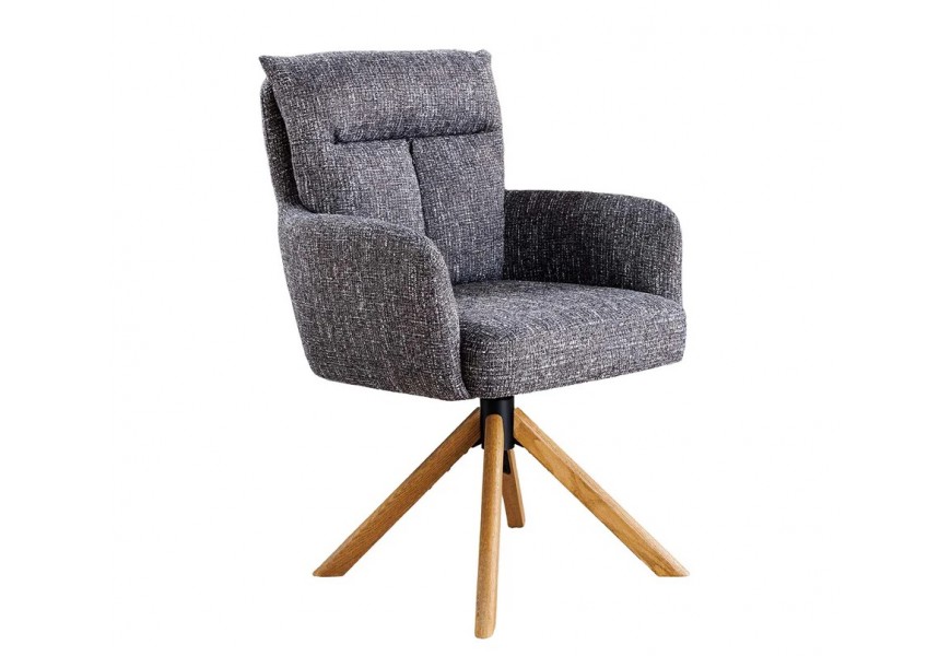 Retro stylová otočná jídelní židle Dover s šedo bílým žinylkovým potahem s nožičkami z dubového dřeva v hnědé barvě a polštářem