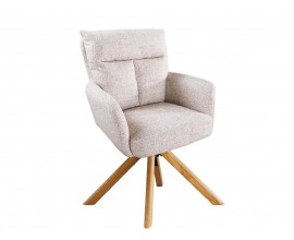 Retro stylov&aacute; otočn&aacute; čalouněn&aacute; j&iacute;deln&iacute; židle Dover s žinylkov&yacute;m b&eacute;žov&yacute;m potahem a dubov&yacute;mi &scaron;ikm&yacute;mi hněd&yacute;mi nožičkami s pol&scaron;t&aacute;řem