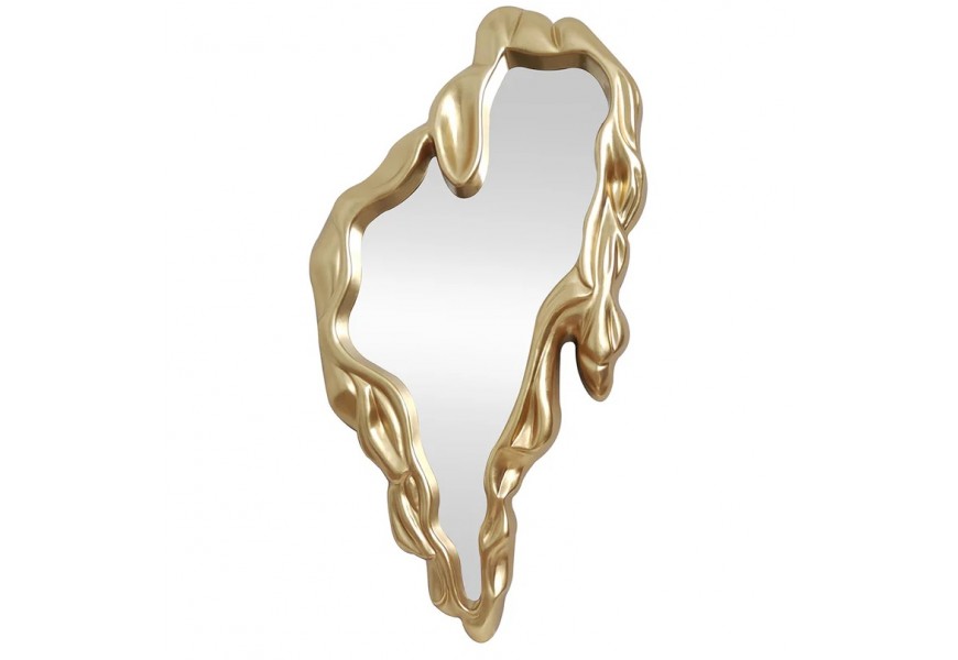 Glamour nástěnné závěsné zrcadlo Rubia v atypickém tvaru s roztátým designem s plastickým zlatým rámem s lesklým hladkým povrchem