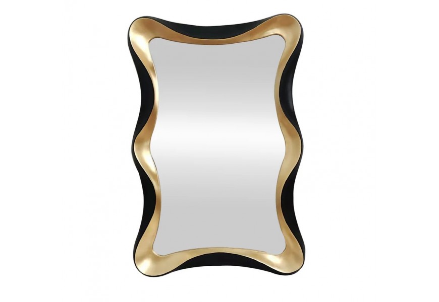 Glamour nástěnné obdélníkové zrcadlo Yraj s černě zlatým rámem se zvlněným designem s dýhovanou zadní deskou