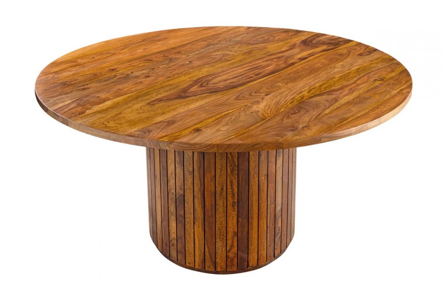 Art deco kulatý jídelní stůl Gire z masivního sheeshamového dřeva v hnědé barvě s lakovaným povrchem s válcovou nohou s lamelovým designem