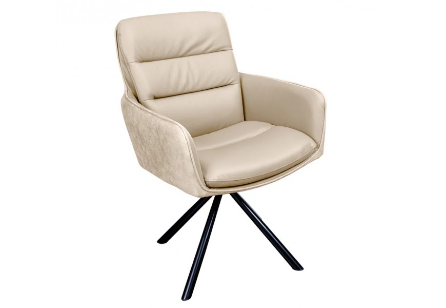 Industriální otočná jídelní židle Dover v béžové barvě s pravým koženým potahem a mikrovláknem s černými kovovými šikmými nožičkami