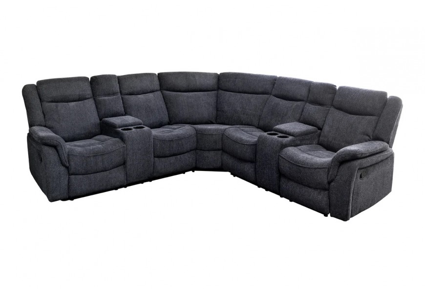 Luxusn&iacute; modern&iacute; čalouněn&aacute; rohov&aacute; sedačka Phoenix s &scaron;ed&yacute;m potahem a čtyřmi drž&aacute;ky na sklenice s &uacute;ložn&yacute;m prostorem 270 cm