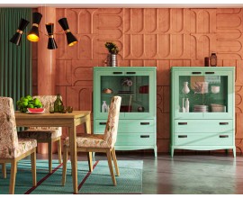 Luxusn&iacute; venkovsk&aacute; j&iacute;deln&iacute; sestava Quebec z masivn&iacute;ho dřeva s minimalistick&yacute;m vyřez&aacute;van&yacute;m zdoben&iacute;m