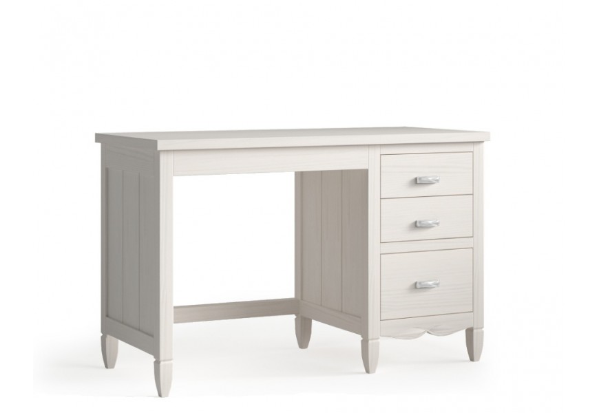 Luxusní moderní masivní bílý psací stůl Amberes s obdélníkovou vrchní deskou s roztahovací funkcí s úložným prostorem se třemi zásuvkami s vyřezávanými nožičkami a ozdobnou lištou