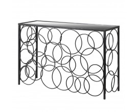 Modern&iacute; kovov&yacute; zrcadlov&yacute; obd&eacute;ln&iacute;kov&yacute; konzolov&yacute; stolek Jelan s černou konstrukc&iacute; a kruhov&yacute;mi dekoracemi 120 cm