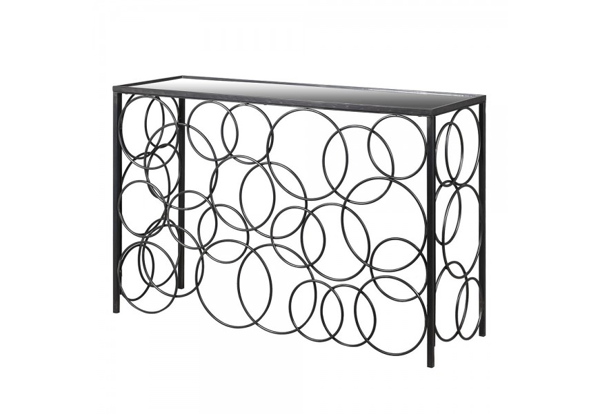 Modern&iacute; kovov&yacute; zrcadlov&yacute; obd&eacute;ln&iacute;kov&yacute; konzolov&yacute; stolek Jelan s černou konstrukc&iacute; a kruhov&yacute;mi dekoracemi 120 cm