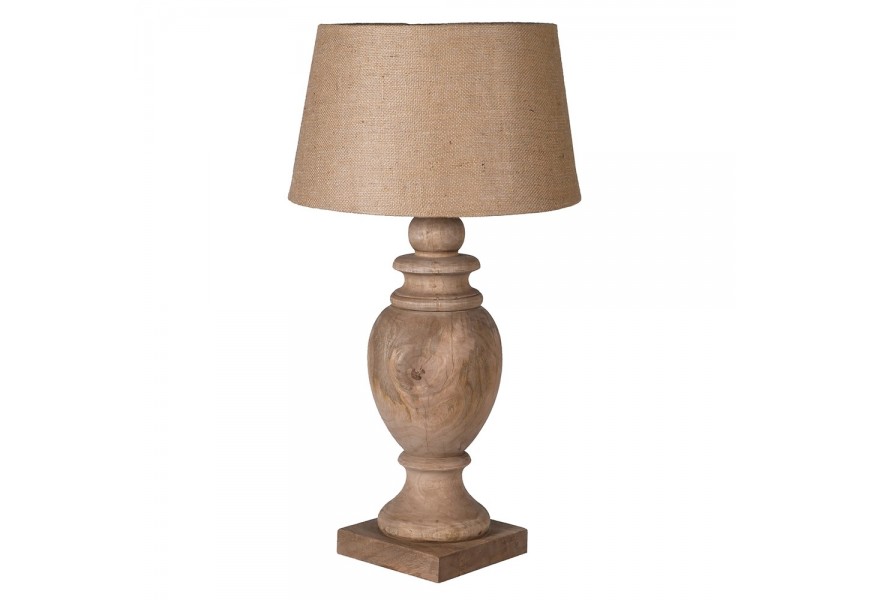 Klasická vyřezávaná hnědá noční lampa s nohou z mangového dřeva s designem vázy se čtvercovou podstavou se stínítkem z juty ve válcovém tvaru