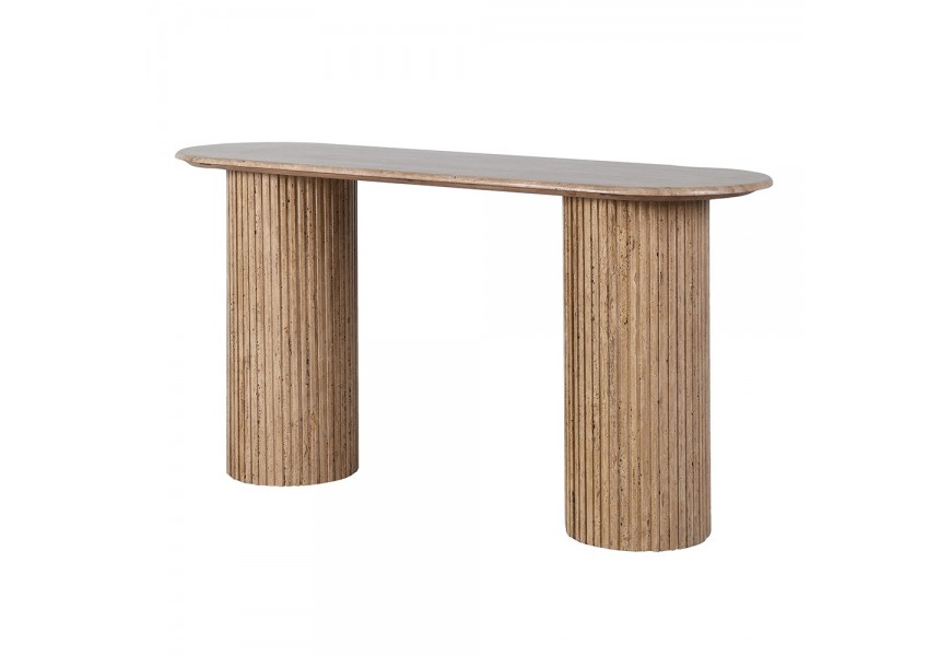 Luxusní mramorový travertinový konzolový stolek Athena v hnědé pískové barvě s výraznou strukturou kamene s válcovými nohami s drážkovaným designem