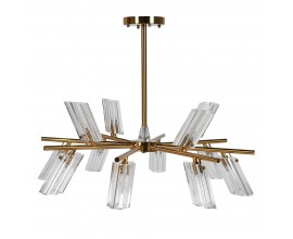 Art deco stropn&iacute; lustr Kilina z kovu v bronzov&eacute; barvě s dvan&aacute;cti st&iacute;n&iacute;tky ze skla s vroubkovan&yacute;m designem