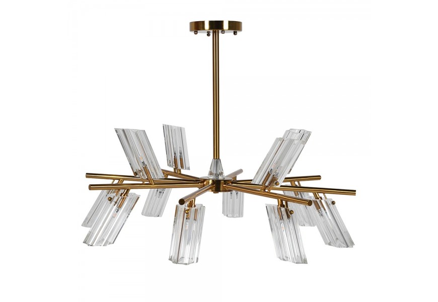 Art deco stropní lustr Kilina z kovu v bronzové barvě s dvanácti stínítky ze skla s vroubkovaným designem