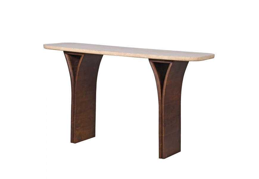 Luxusn&iacute; mramorov&yacute; obd&eacute;ln&iacute;kov&yacute; konzolov&yacute; stolek Jedy s travertinovou deskou a dřevěn&yacute;m ak&aacute;ciov&yacute;m hněd&yacute;ma nohama 137 cm