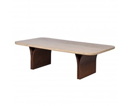 Luxusn&iacute; designov&yacute; obd&eacute;ln&iacute;kov&yacute; konferenčn&iacute; stolek Jedy s hněd&yacute;mi ak&aacute;ciov&yacute;mi nožičkami a travertinovou b&eacute;žovou deskou 137 cm