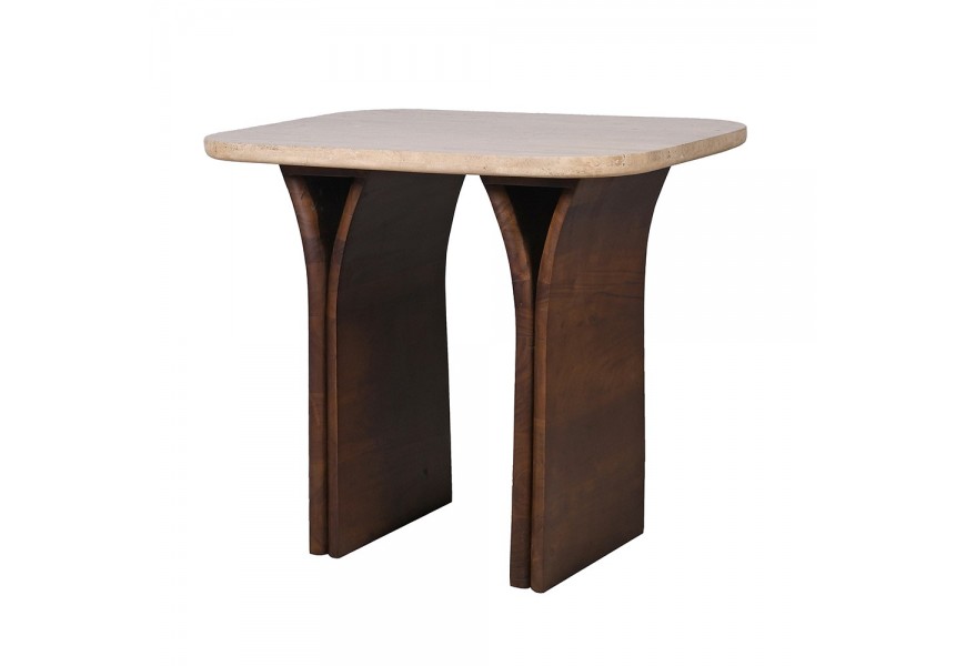 Luxusn&iacute; designov&yacute; obd&eacute;ln&iacute;kov&yacute; travertinov&yacute; př&iacute;ručn&iacute; stolek Jedy v b&eacute;žov&eacute; barvě s hněd&yacute;mi dřevěn&yacute;mi nožičkami 68 cm