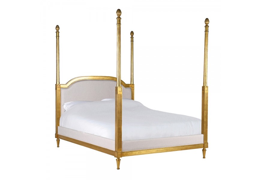 Luxusn&iacute; glamour manželsk&aacute; postel Dimitrie s masivn&iacute; mahagonovou zlatou konstrukc&iacute; se sloupy a b&eacute;žov&yacute;m lněn&yacute;m čelem 163 cm