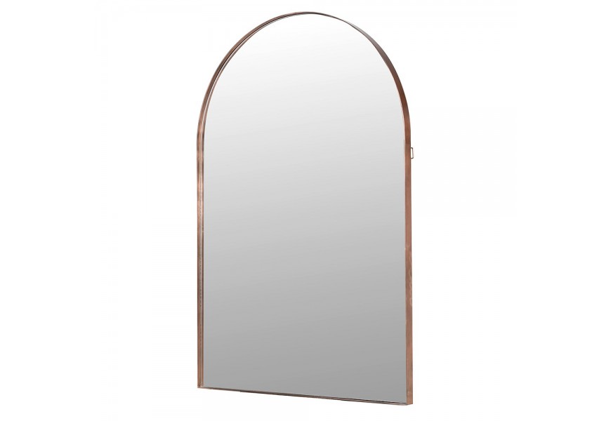 Luxusní moderní vysoké glamour závěsné zrcadlo Melfa v obdélníkovém tvaru s obloukovým vrchem s tenkým rámem z kovu v měděné barvě