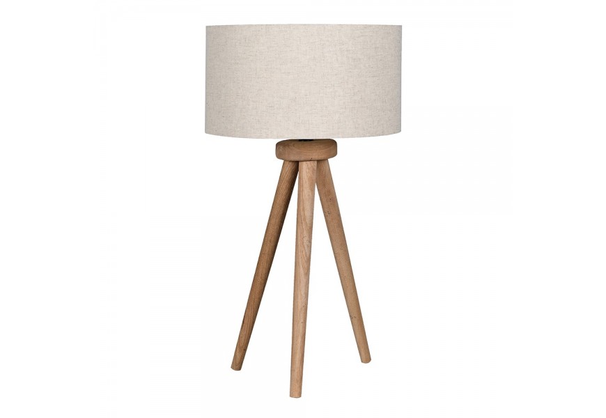 Moderní skandinávská stojací lampa Ira z masivního mangového hnědého dřeva se lněným stínítkem v kulatém tvaru v béžové barvě