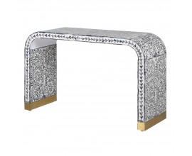 Orient&aacute;ln&iacute; obd&eacute;ln&iacute;kov&yacute; konzolov&yacute; stolek Daytona v b&iacute;lo modr&eacute; barvě s intarzi&iacute; z buvol&iacute; kosti s technikou bone inlay s mangov&yacute;m dřevem se zaoblen&yacute;mi rohy s mosazn&yacute;mi detaily a flor&aacute;ln&iacute;m vzorem