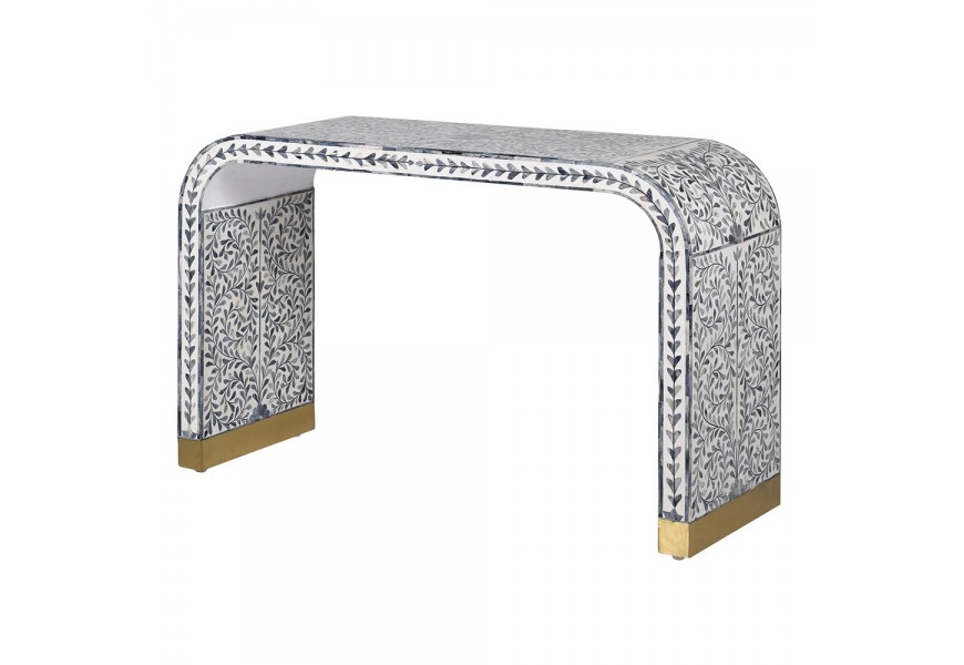 Orientální obdélníkový konzolový stolek Daytona v bílo modré barvě s intarzií z buvolí kosti s technikou bone inlay s mangovým dřevem se zaoblenými rohy