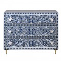 Luxusn&iacute; orient&aacute;ln&iacute; flor&aacute;ln&iacute; obd&eacute;ln&iacute;kov&aacute; modře b&iacute;l&aacute; komoda Daytona se třemi z&aacute;suvkami s intarzi&iacute; z buvol&iacute; kosti 100 cm